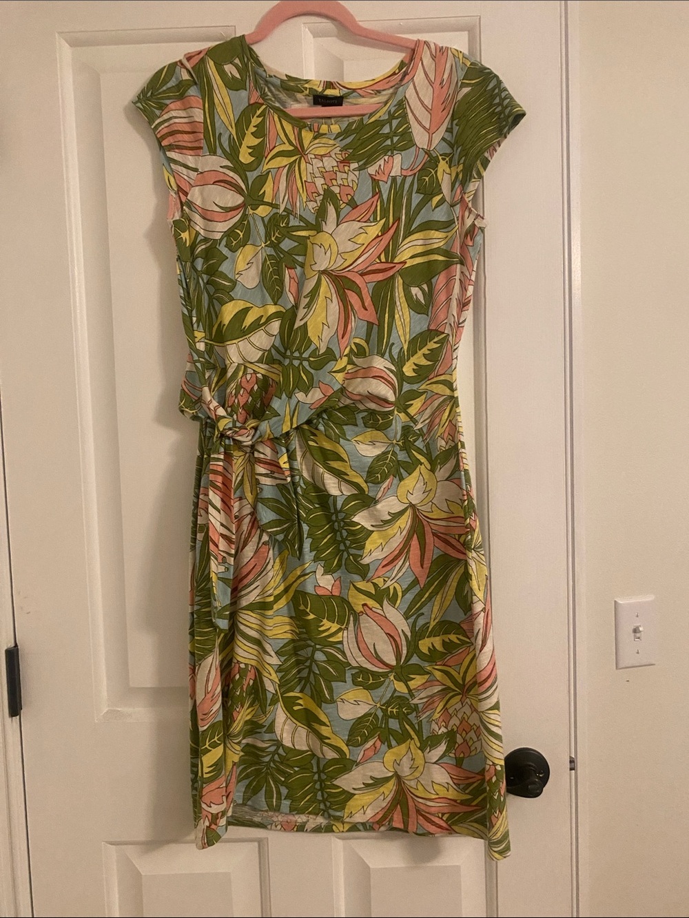 Talbots Tropical Leaf Tie-Waist Cap Sleeve Dress in Green & Pink